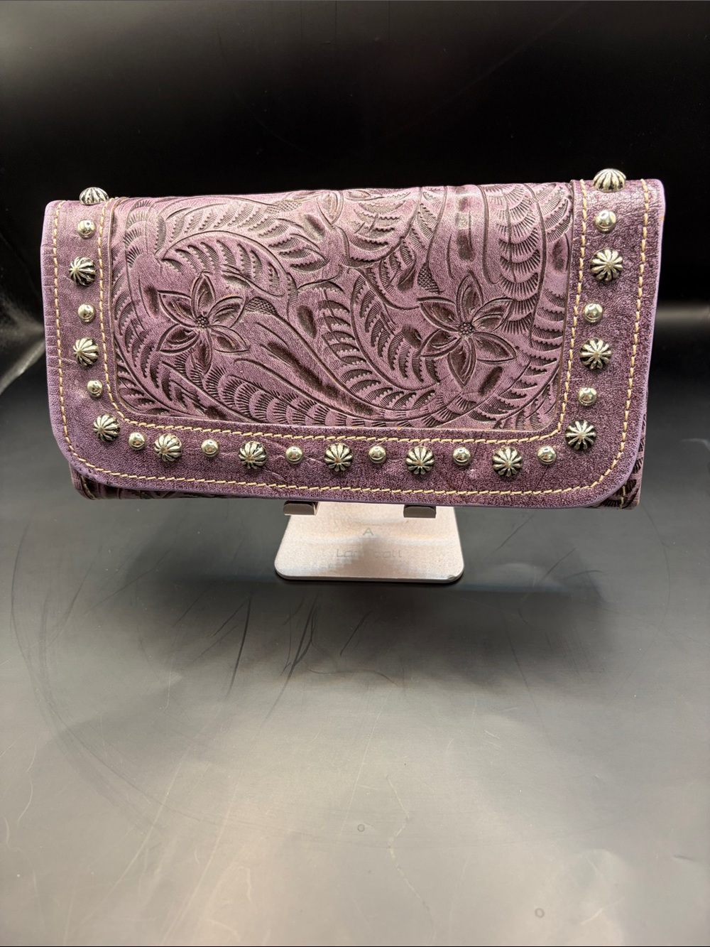American West Purple Tooled Leather Floral Clutch with Stud Accents